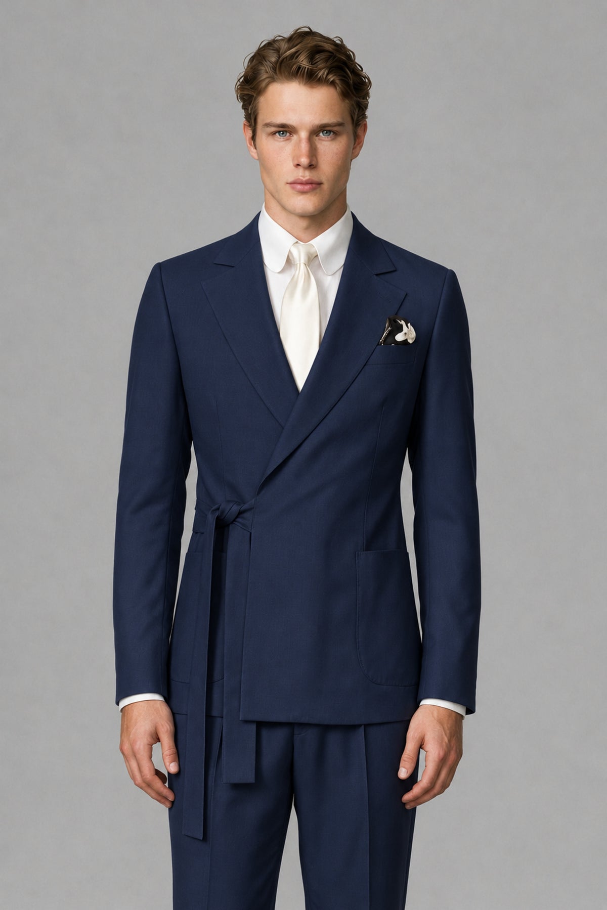 Bolodoo Men's Navy Blue Wrap Tie-Waist Two-Piece Suit – Jacket & Trousers - Navy Blue - Navy Blue_1
