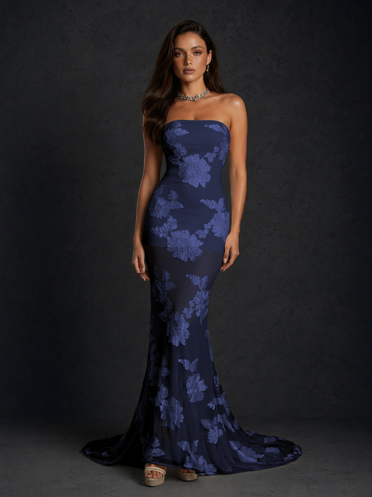 BOLODOO Navy Blue Champagne Gold Floral Sequin Embroidered Mesh Strapless Open Back Mermaid Maxi Dress with Train - Navy Blue