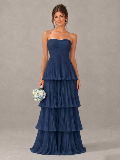 BOLODOO Navy Blue Strapless Tiered Pleated Bridesmaid Dress - Navy Blue - Navy Blue_1