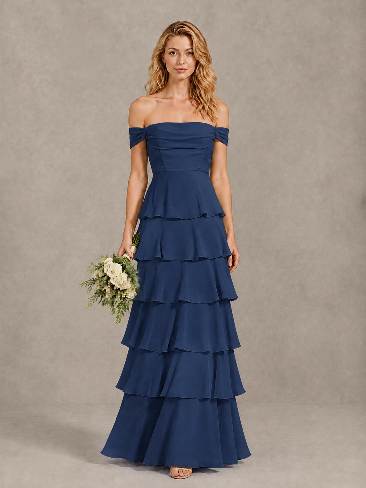 BOLODOO Navy Blue Off-Shoulder Tiered Ruffle Bridesmaid Dress with Lace-Up Back - Navy Blue - Navy Blue_1