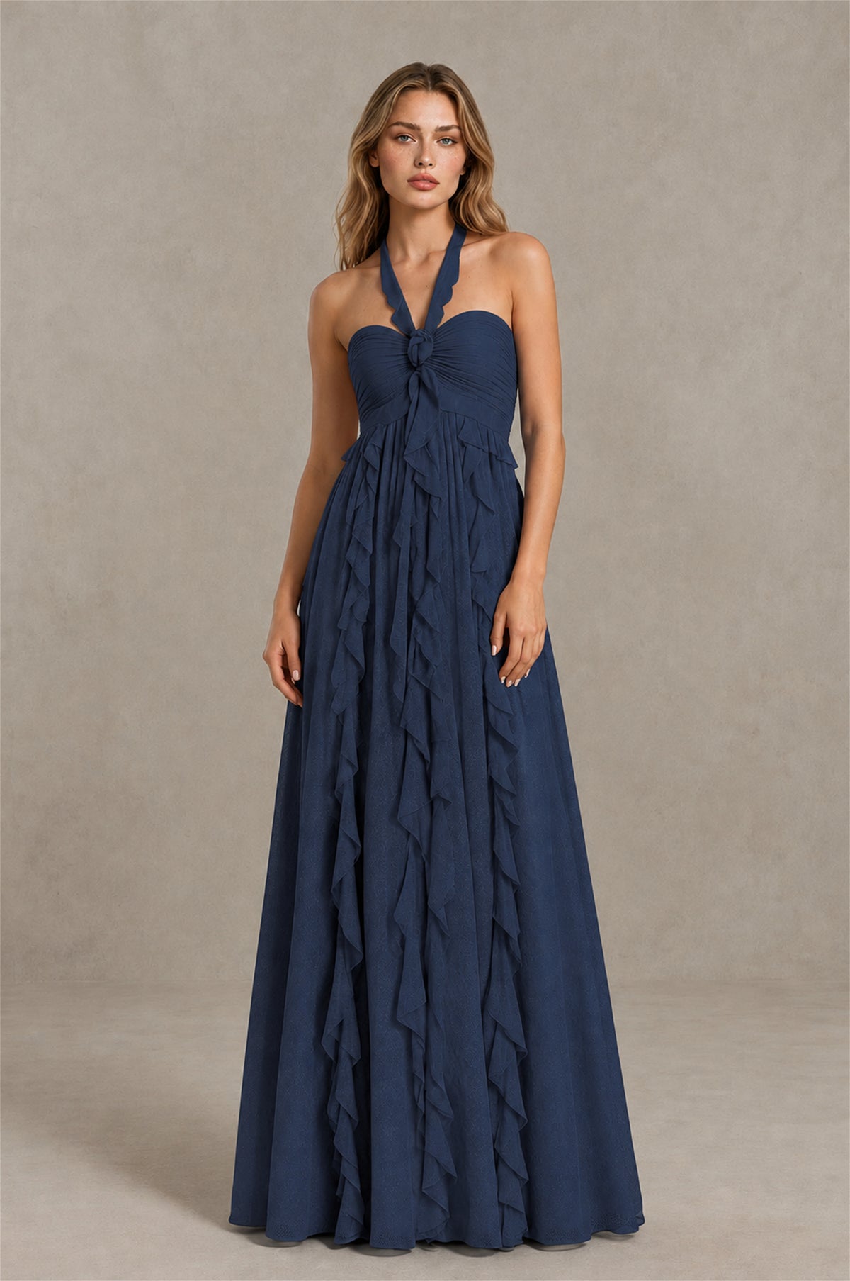 BOLODOO Navy Blue Halter Ruffle A-Line Floor-Length Evening Dress - Navy Blue - Navy_Blue_1