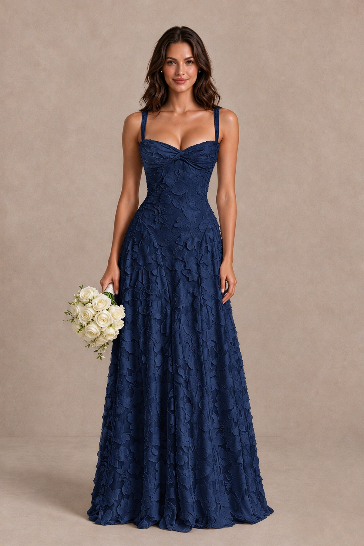 BOLODOO Navy Blue Floral-Textured A-Line Dress with Lace-Up Back - Navy Blue - Navy Blue_1