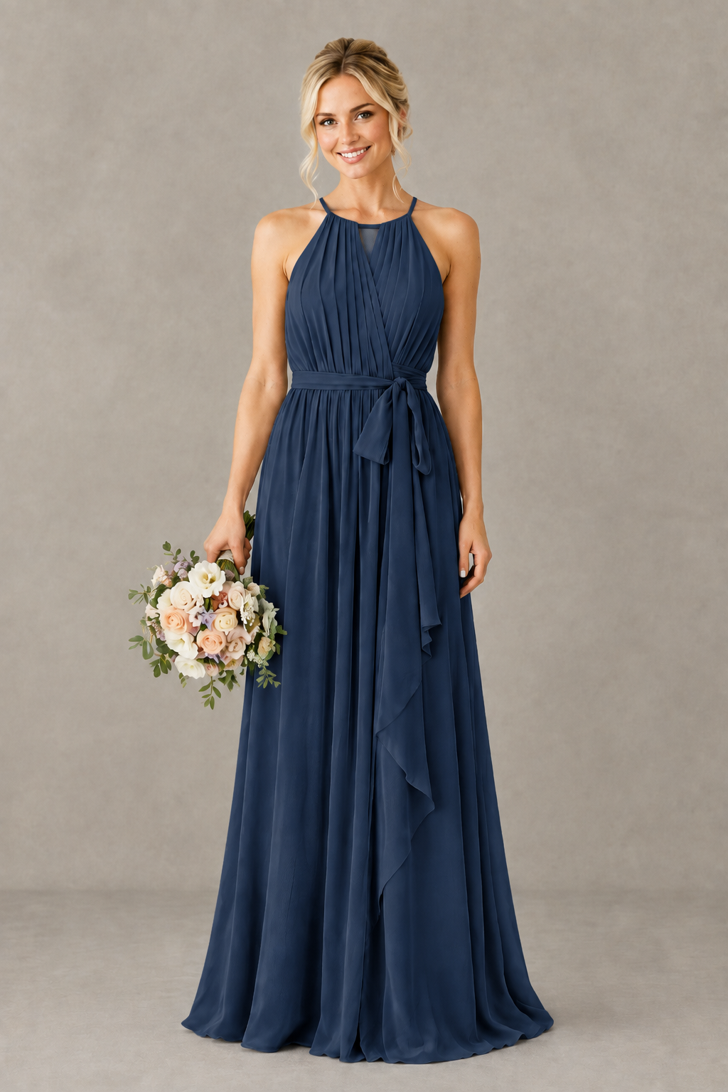 BOLODOO Navy Blue Halter Chiffon Bridesmaid Dress with High Slit - Navy Blue