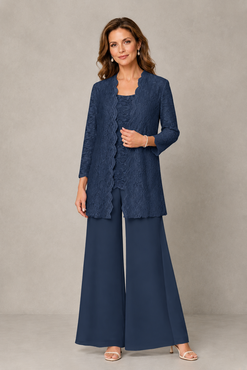 BOLODOO Navy Blue 3-Piece Lace Chiffon Pantsuit – Mother of the Bride Wedding Guest with Jacket - Navy Blue