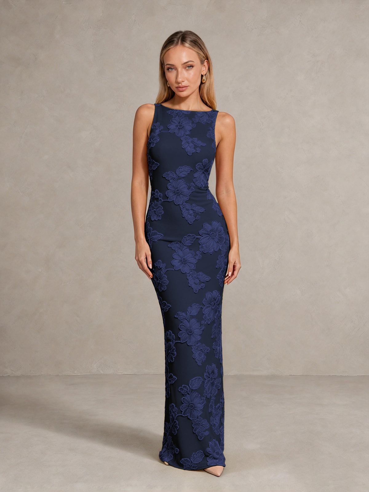 BOLODOO Navy Blue Floral Sleeveless Maxi Wedding Guest Dress - Navy Blue - Navy Blue(1)