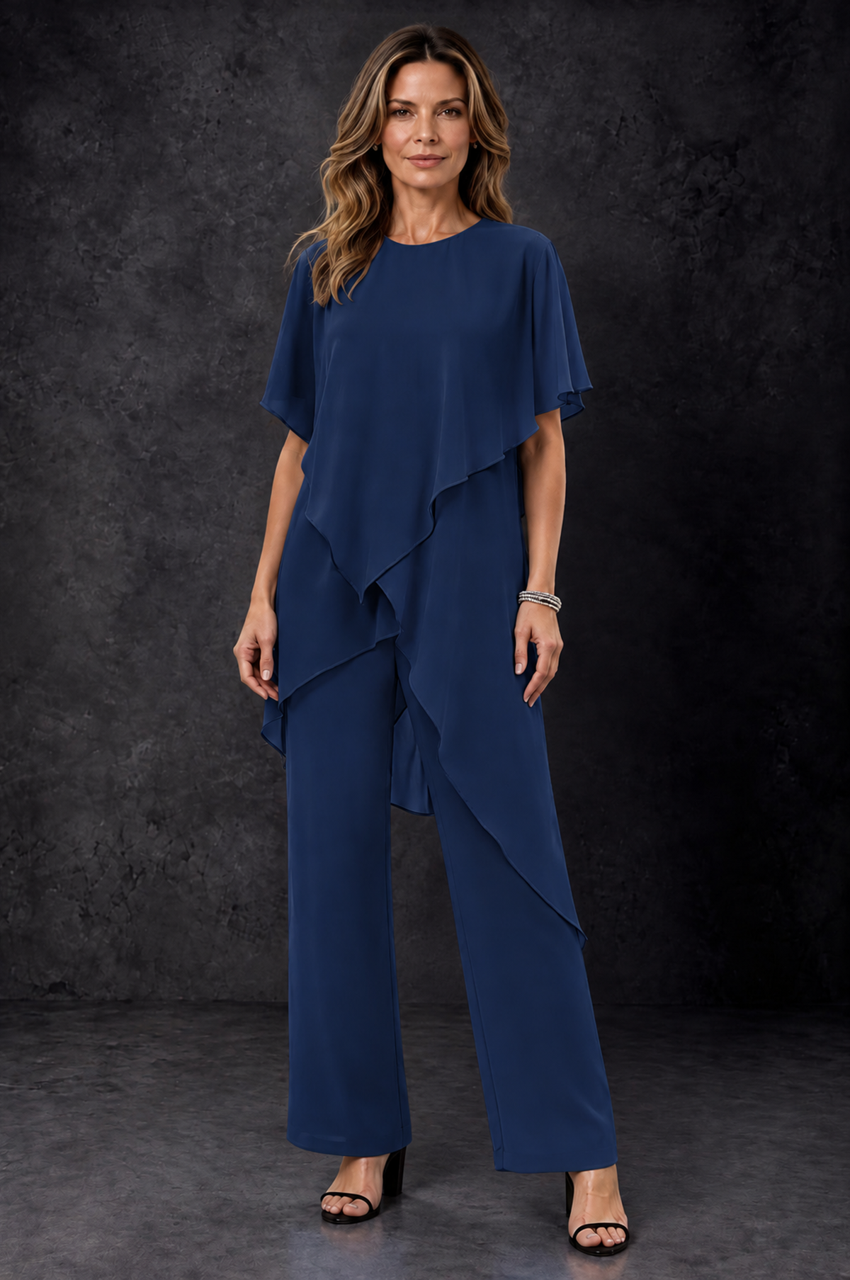 BOLODOO Navy Blue Chiffon Two Piece Mother of the Bride Pant Suit - Navy Blue - Navy_Blue_1