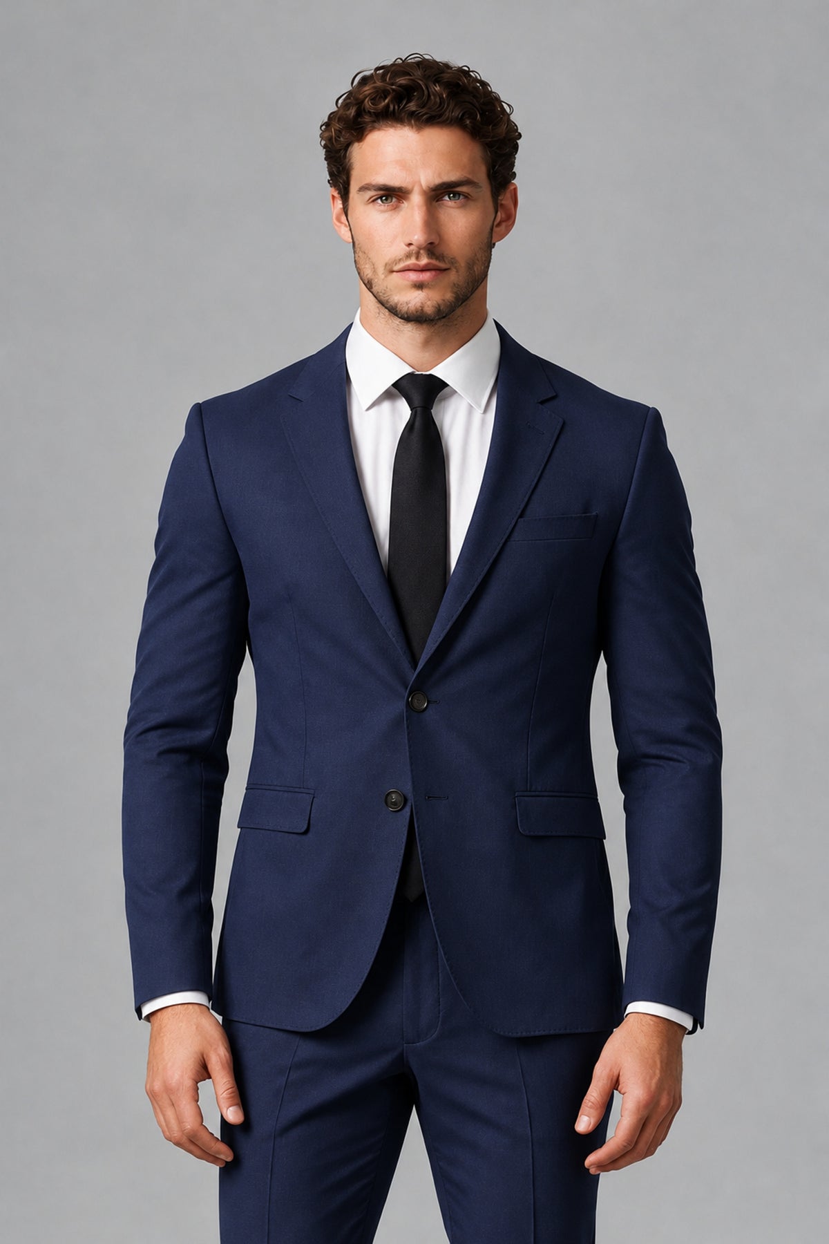 Bolodoo Men's Navy Blue Two-Piece Suit with Notch-Lapel Jacket & Trousers - Navy Blue - Navy_Blue_1