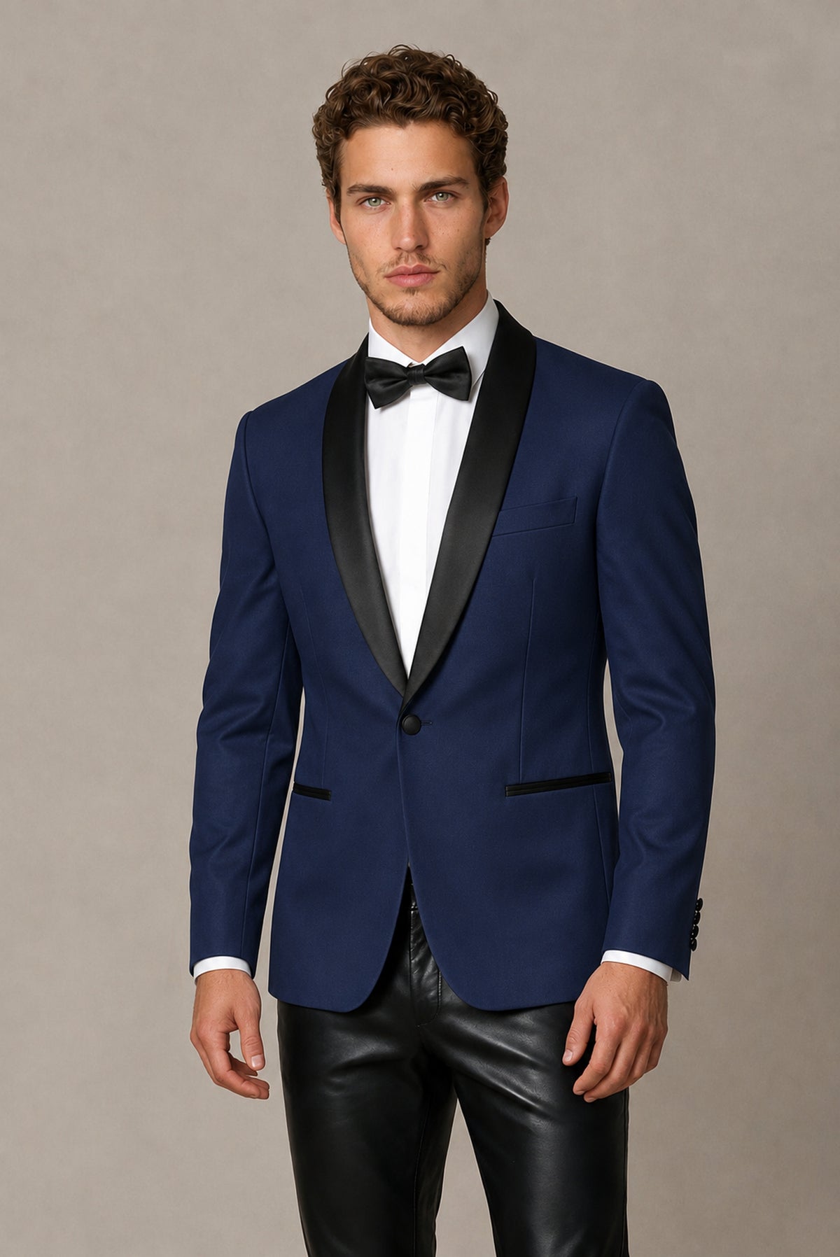 BOLODOO Men's Navy Blue Tuxedo Blazer | Black Shawl Lapel Single-Breasted Formal Jacket - Navy Blue