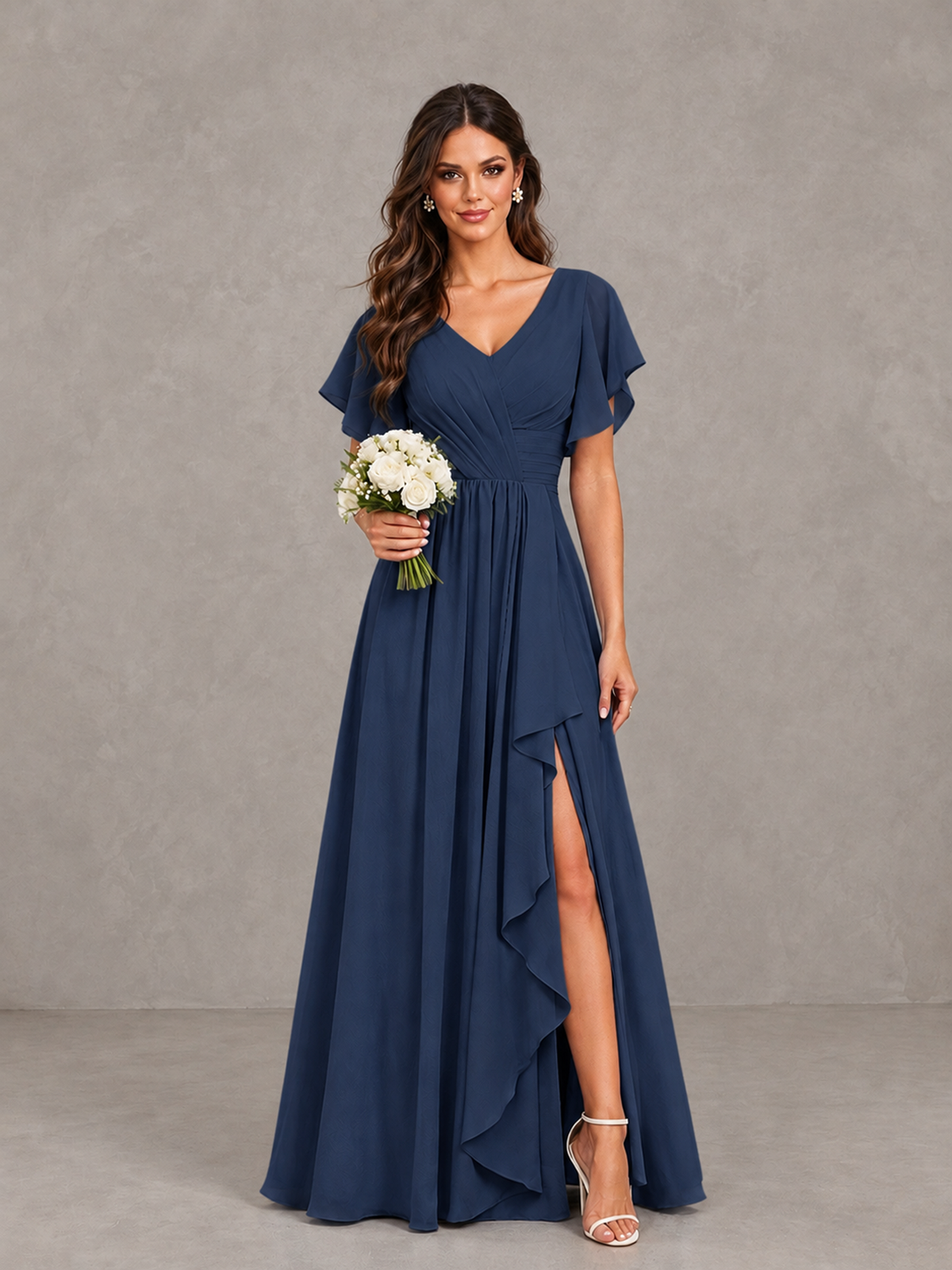 BOLODOO Navy Blue Flutter Sleeve V-Neck Bridesmaid Dress with Ruffle Slit - Navy Blue - Navy Blue_1
