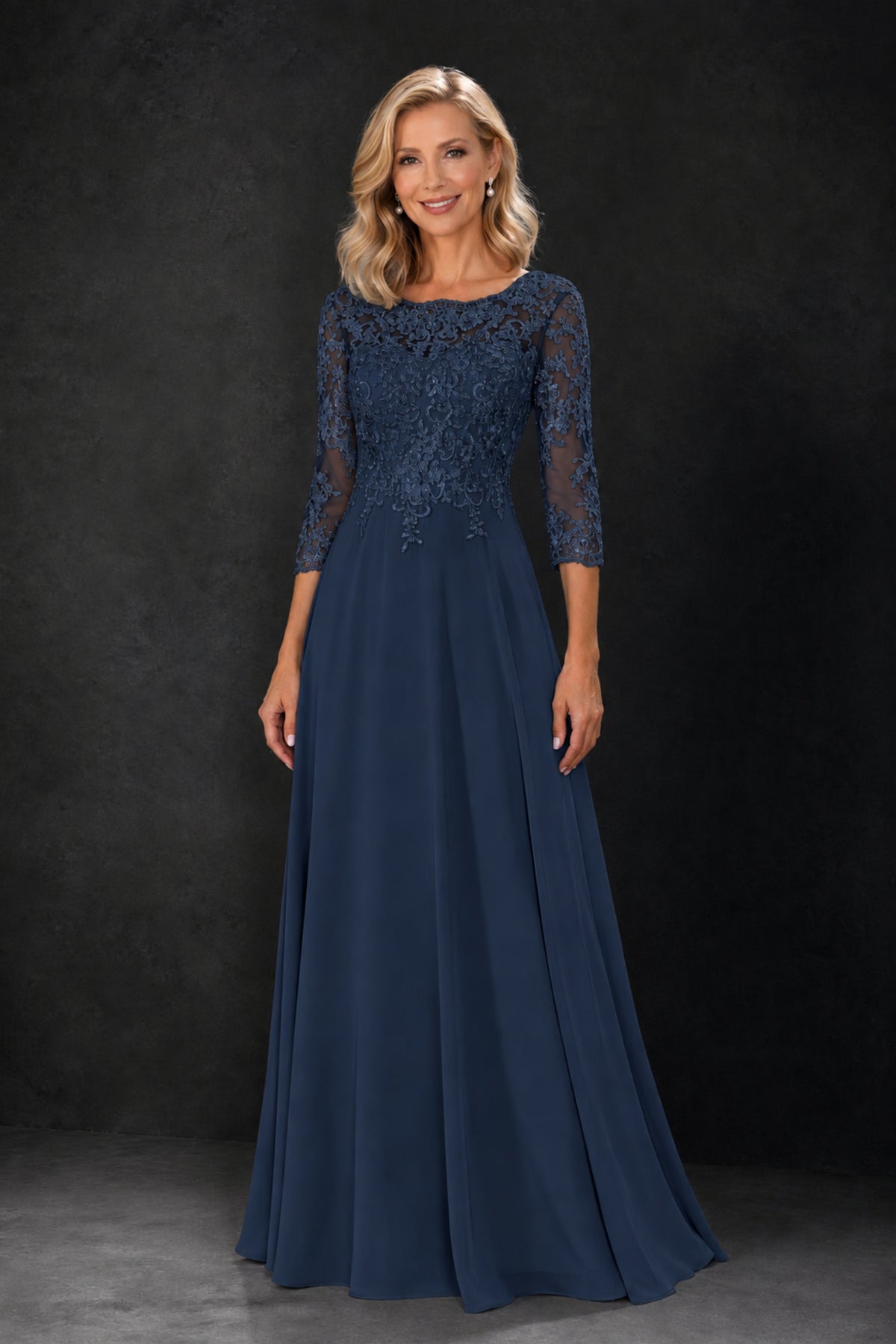 BOLODOO Navy Blue Lace Embroidered Mother of the Bride Dress with 3/4 Sleeves - Navy Blue