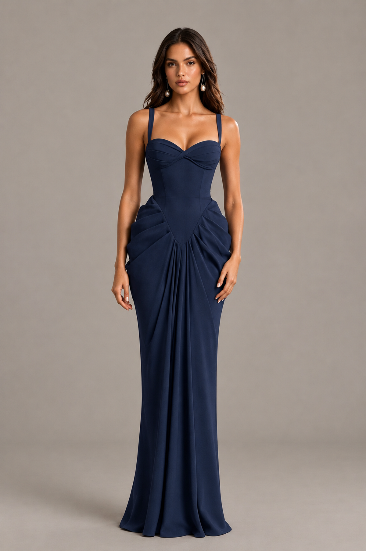 BOLODOO Navy Blue Sweetheart Ruched Lace-Up Back Evening Gown - Navy Blue - Navy_Blue_1
