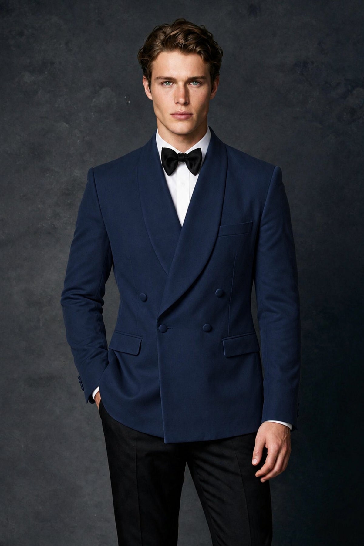 BOLODOO Men's Navy Blue Double-Breasted Tuxedo Blazer – Shawl Lapel Formal Suit Jacket - Navy Blue
