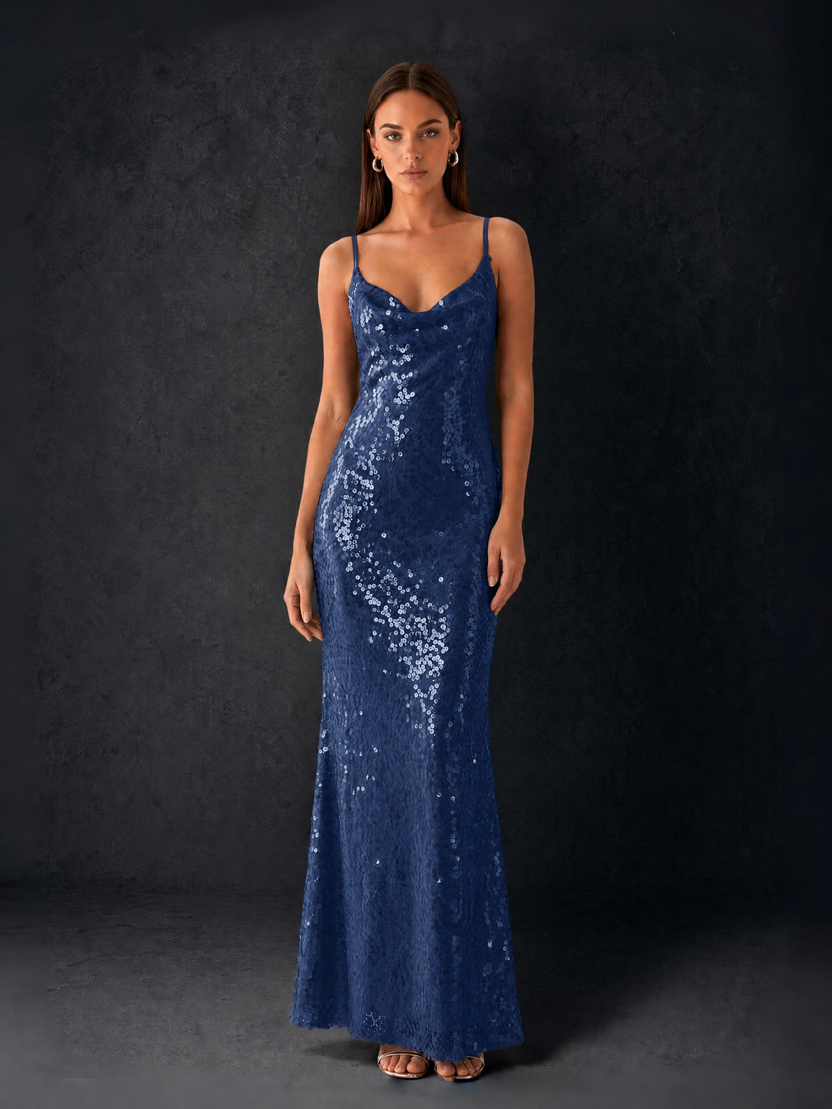 BOLODOO Bronze Sequin Cowl Neck Spaghetti Strap Mermaid Maxi Dress with Open Criss-Cross Back - Navy Blue - Navy Blue