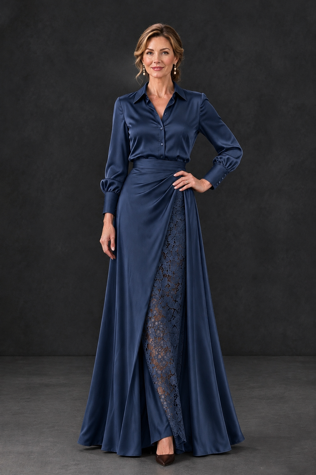 BOLODOO Navy Blue Long Sleeve Satin-Look Lace Panel Gown - Navy Blue - Navy Blue_1