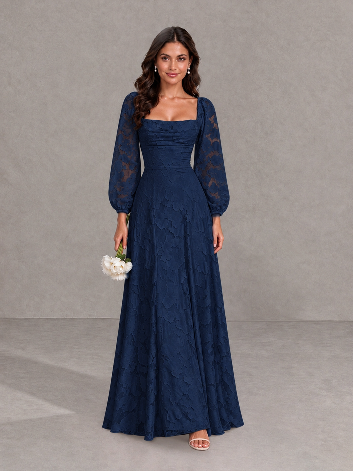 BOLODOO Navy Blue Floral Long Sleeve A-Line Bridesmaid Dress - Navy Blue - Navy Blue_1