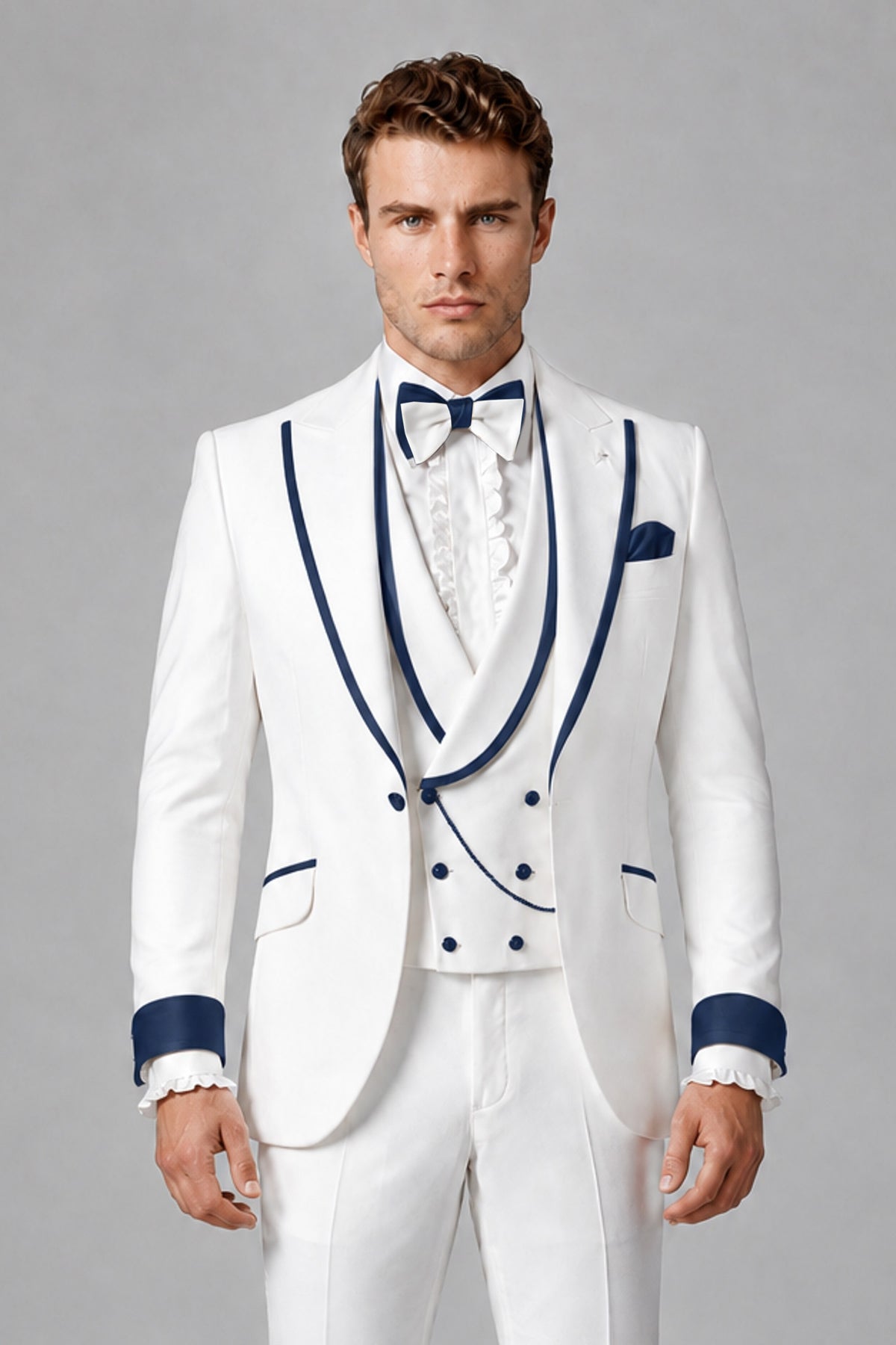 Bolodoo Men's White and Navy Blue Three-Piece Wedding Tuxedo Suit - Navy Blue - Navy Blue_1