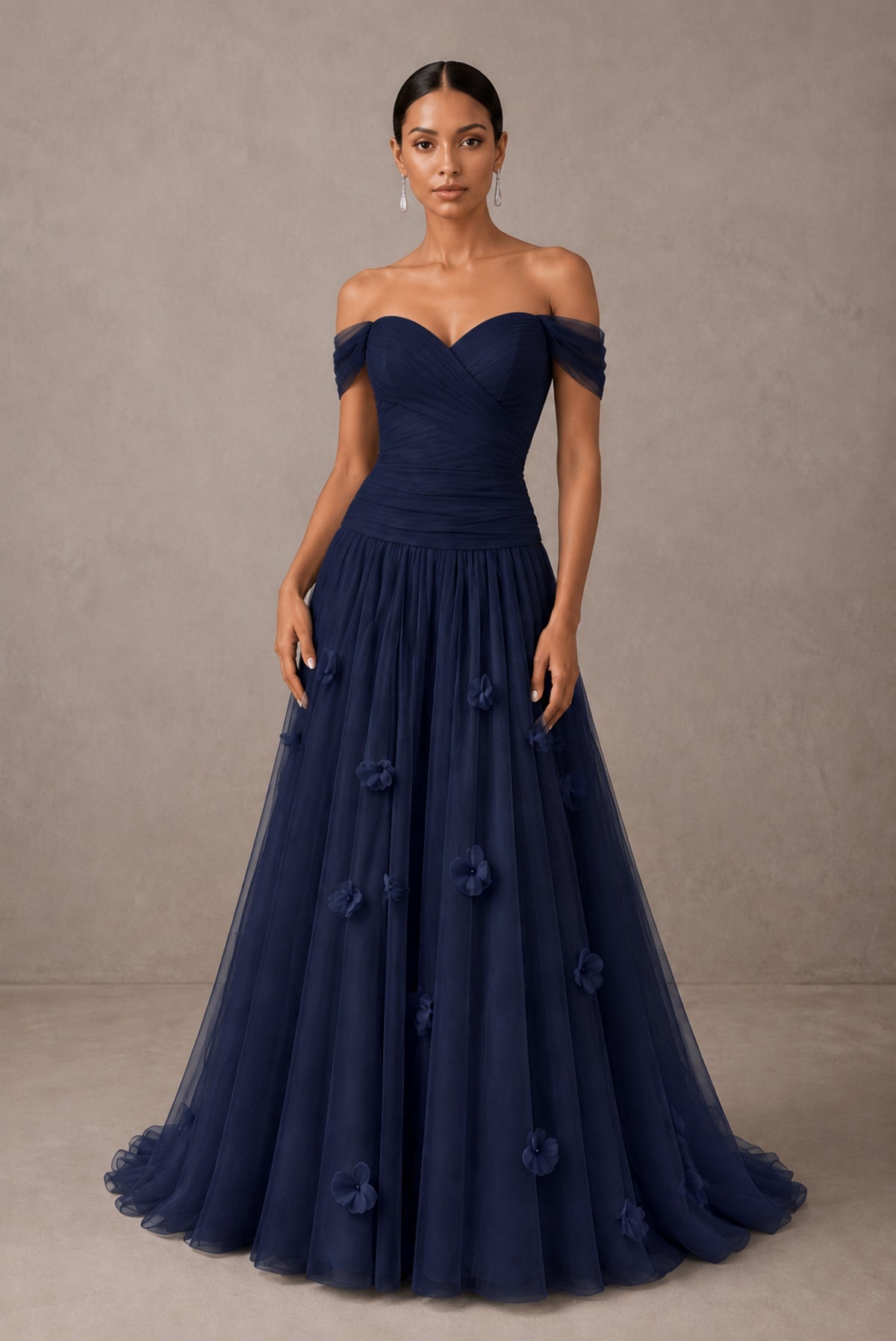 Navy Blue Off-Shoulder Sweetheart A-Line Tulle Gown with 3D Floral Appliques | BOLODOO - Navy Blue