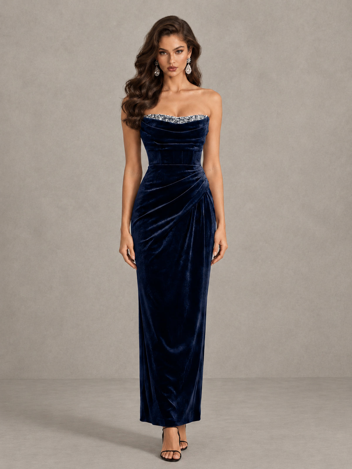 BOLODOO Navy Blue Strapless Velvet Cocktail Maxi Dress - Navy Blue - Navy Blue_1