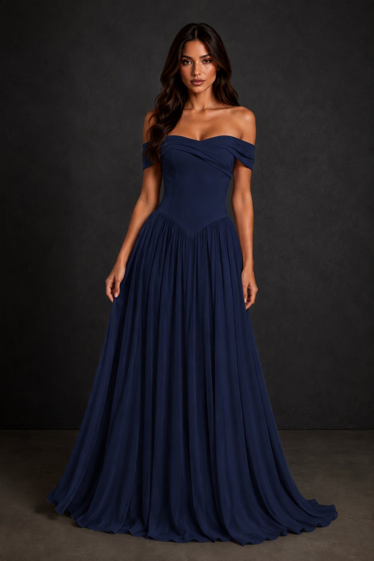 BOLODOO Navy Blue Off-Shoulder Sweetheart Corset Pleated Chiffon Maxi Dress - Navy Blue