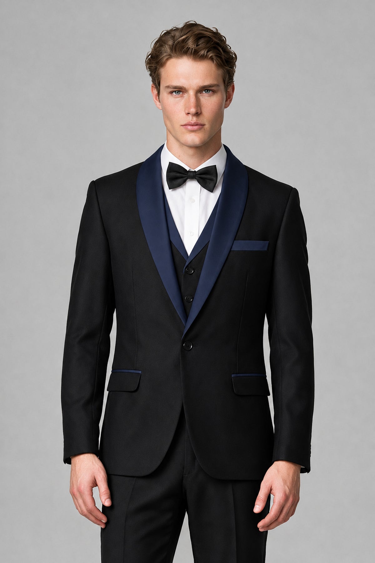 Bolodoo Men's Navy Blue 3-Piece Shawl Lapel Tuxedo Suit - Navy Blue - Navy Blue_1