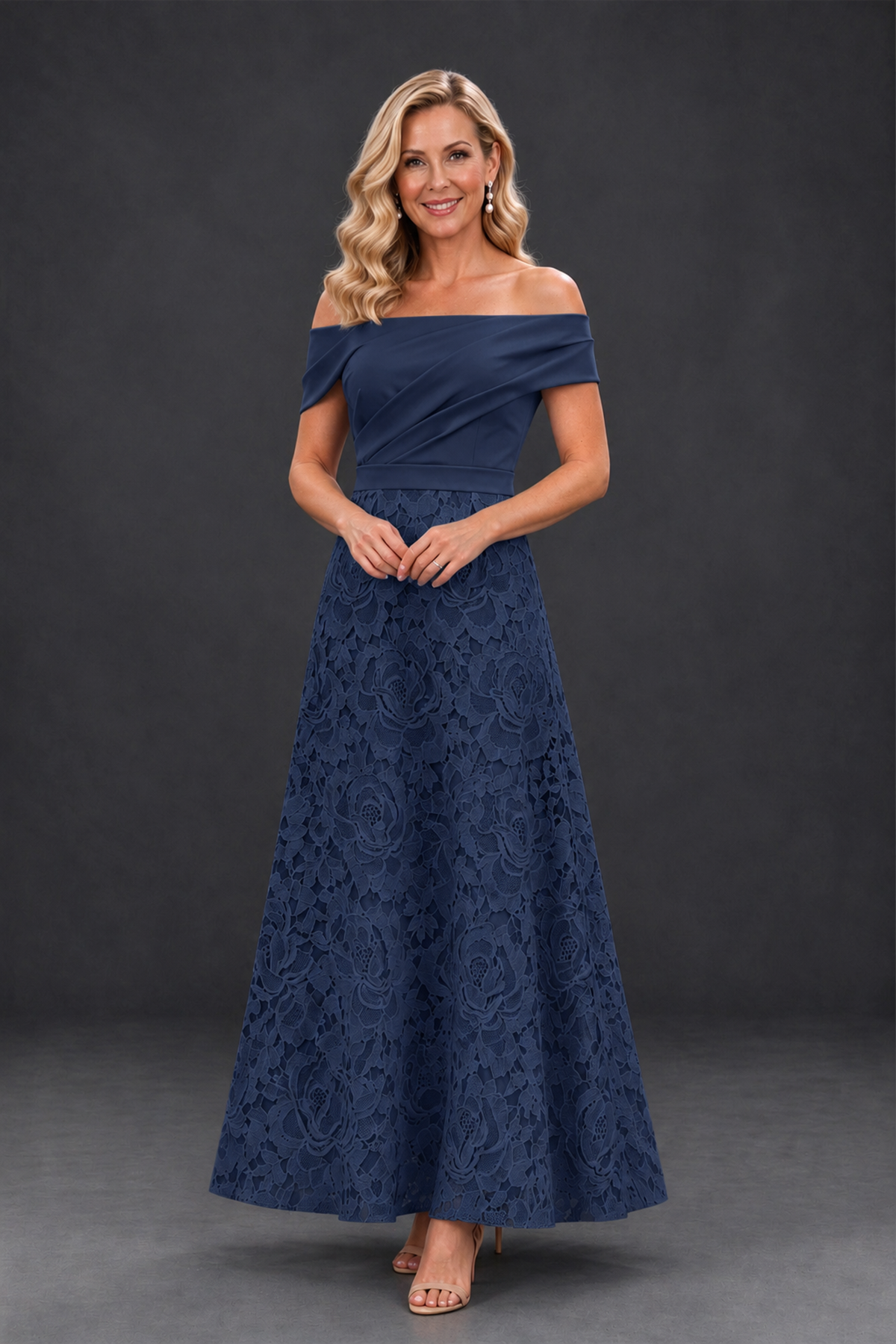 BOLODOO Navy Blue Off-the-Shoulder Floral A-Line Mother of the Bride Dress - Navy Blue - Navy Blue_1