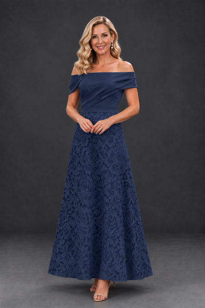 BOLODOO Navy Blue Off-the-Shoulder Floral A-Line Mother of the Bride Dress - Navy Blue - Navy Blue_1