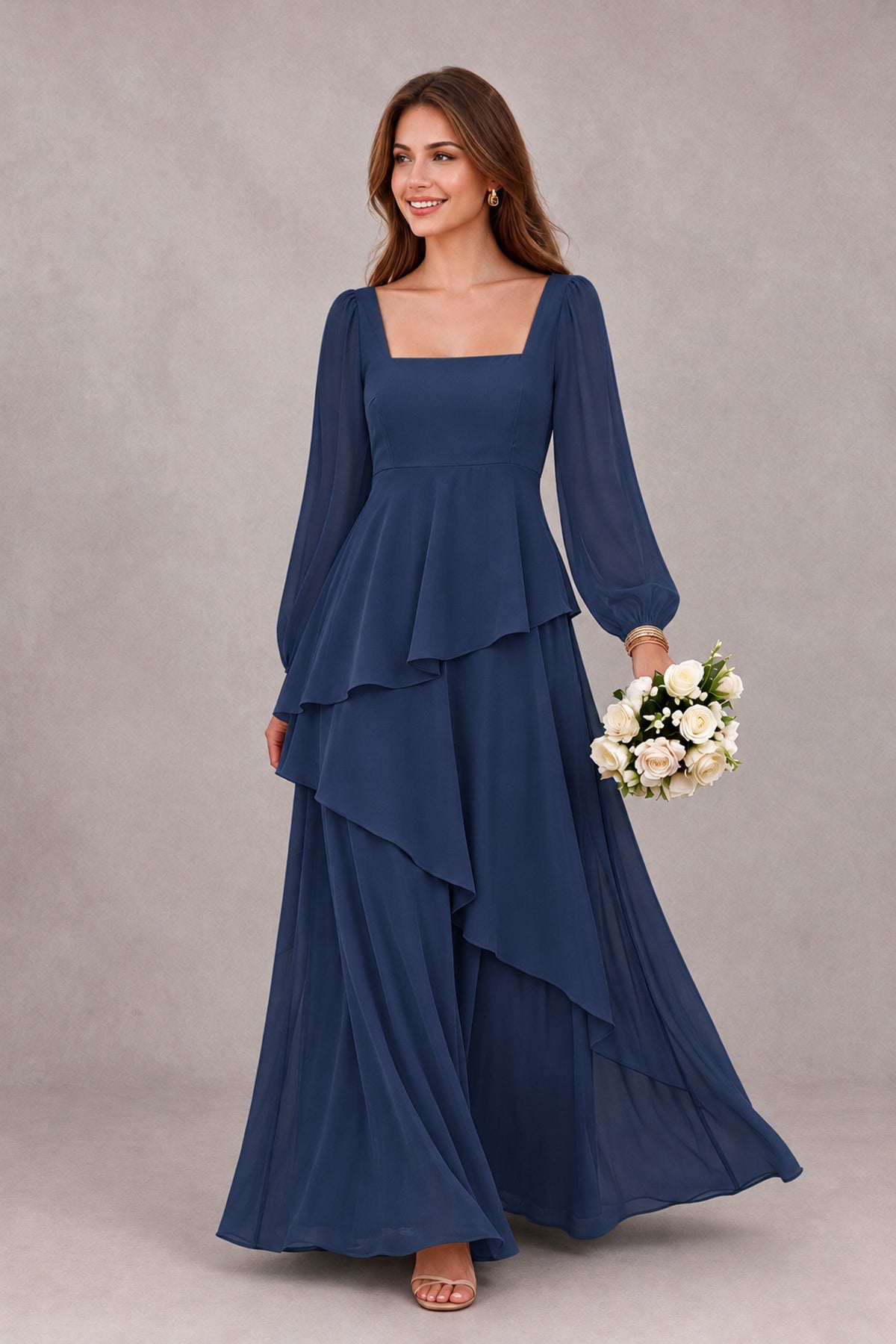 BOLODOO Navy Blue Long Sleeve Ruffle Bridesmaid Dresses - Navy Blue - Navy Blue_1