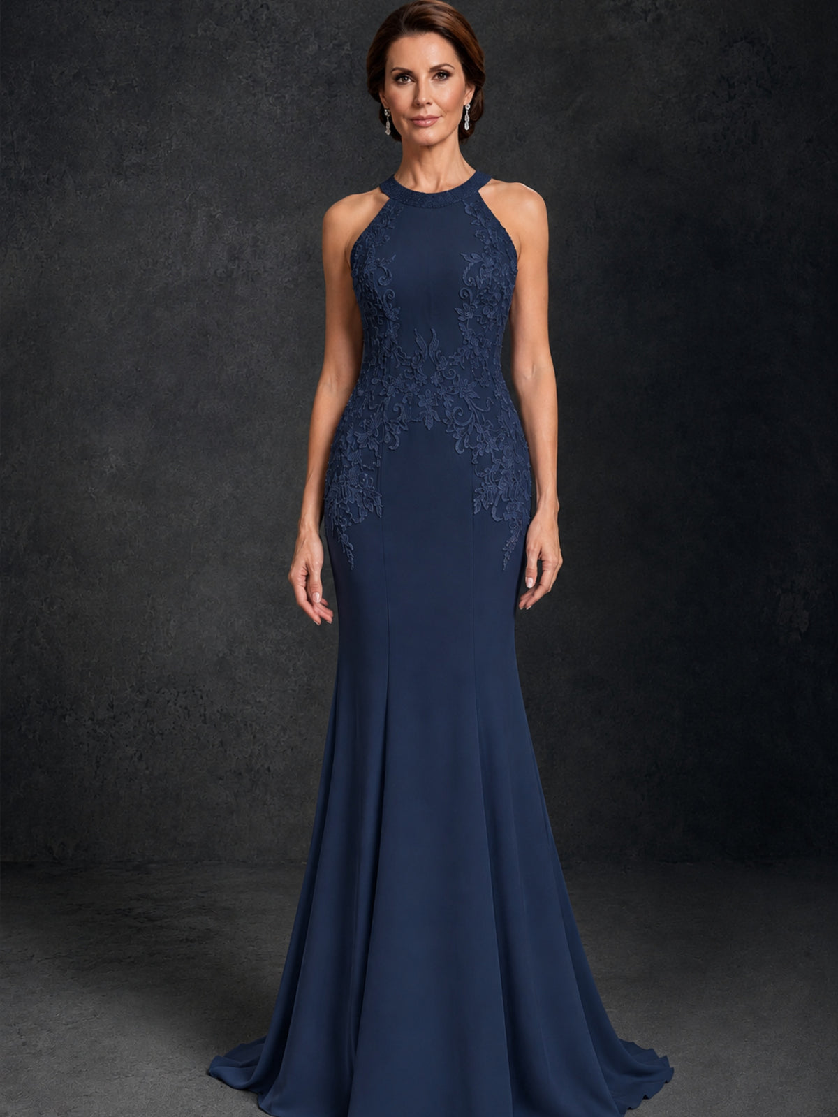 BOLODOO Navy Blue Lace Applique Halter Neck Sheer Back Mermaid Maxi Dress with Sweep Train - Navy Blue