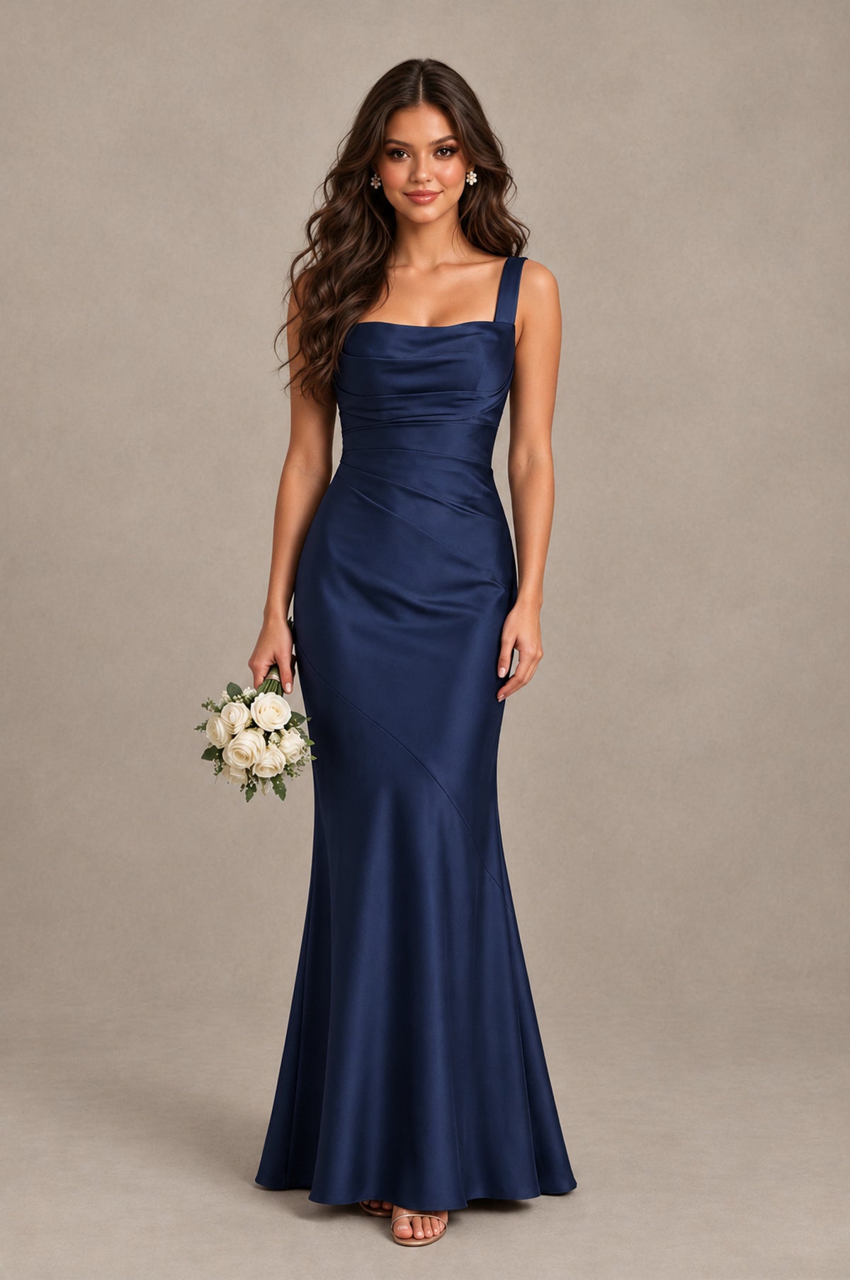 BOLODOO Navy Blue Square Neck Ruched Satin Lace-Up Bridesmaid Dress - Navy Blue - Navy Blue_1
