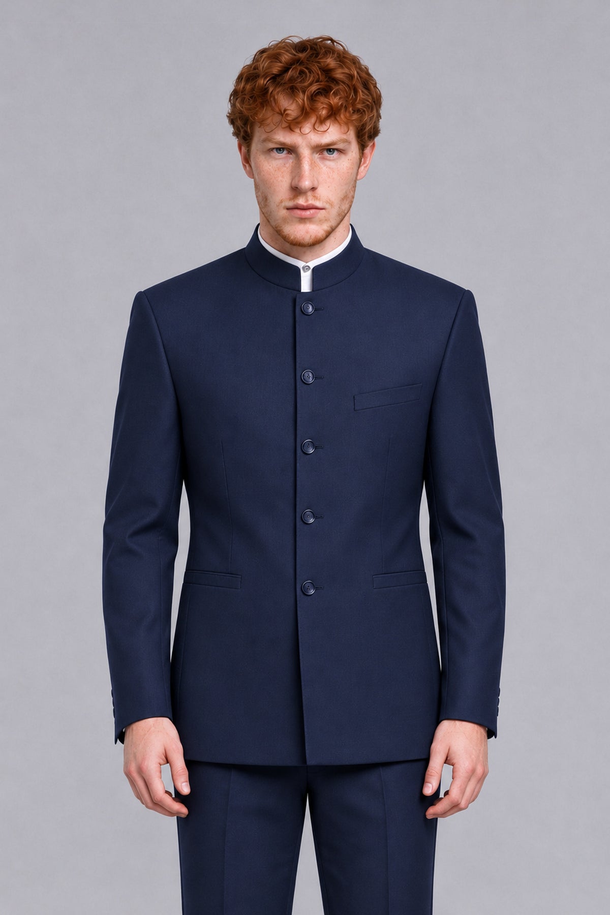 BOLODOO Men's Navy Blue Mandarin Collar Two-Piece Suit - Navy Blue - Navy Blue_1