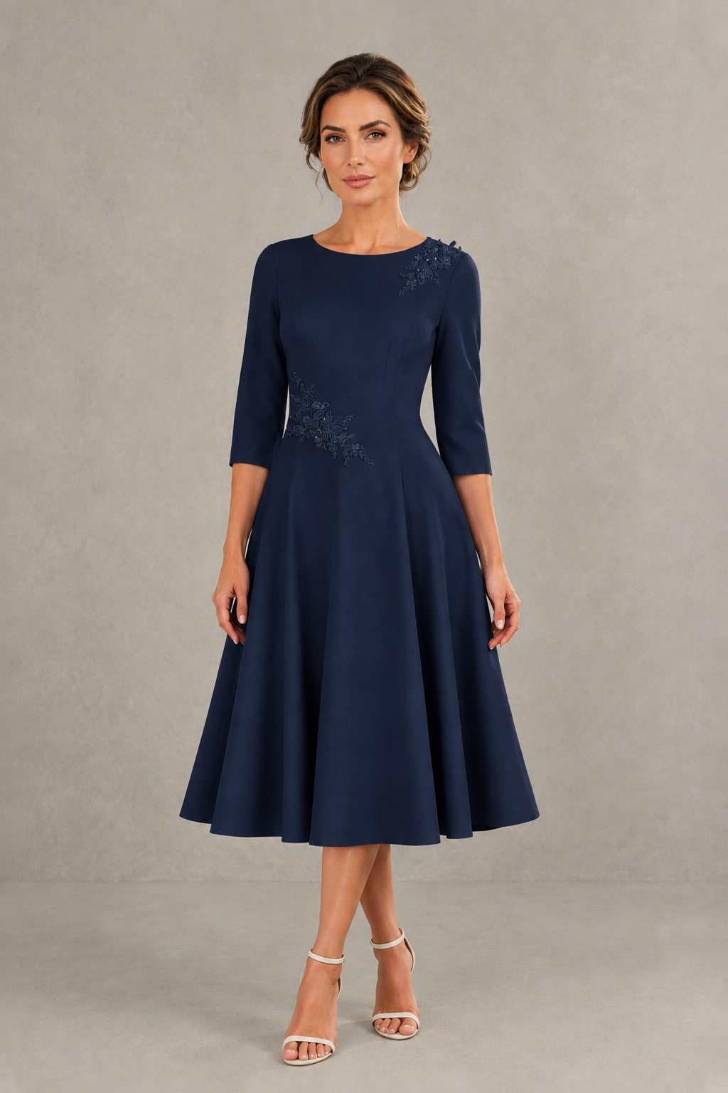 BOLODOO Navy Blue 3/4 Sleeve A-Line Dress with Floral Embroidery – Mother of the Bride & Wedding Guest Dress - Navy Blue
