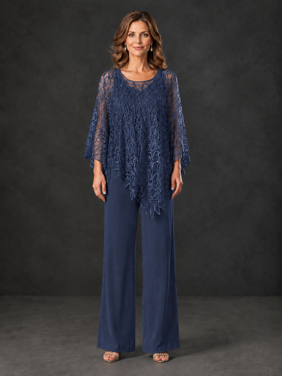 BOLODOO Navy Blue Lace Overlay Wide-Leg Pantsuit for Mothers of the Bride - Navy Blue