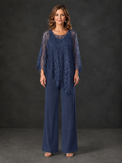 BOLODOO Navy Blue Lace Overlay Wide-Leg Pantsuit for Mothers of the Bride - Navy Blue