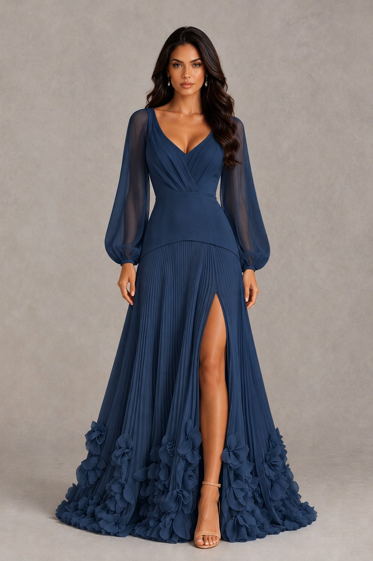 BOLODOO Navy Blue V-Neck Long Sleeve Pleated Floral Hem Evening Dress - Navy Blue - Navy Blue_1