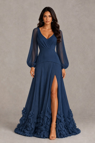BOLODOO Navy Blue V-Neck Long Sleeve Pleated Floral Hem Evening Dress - Navy Blue - Navy Blue_1