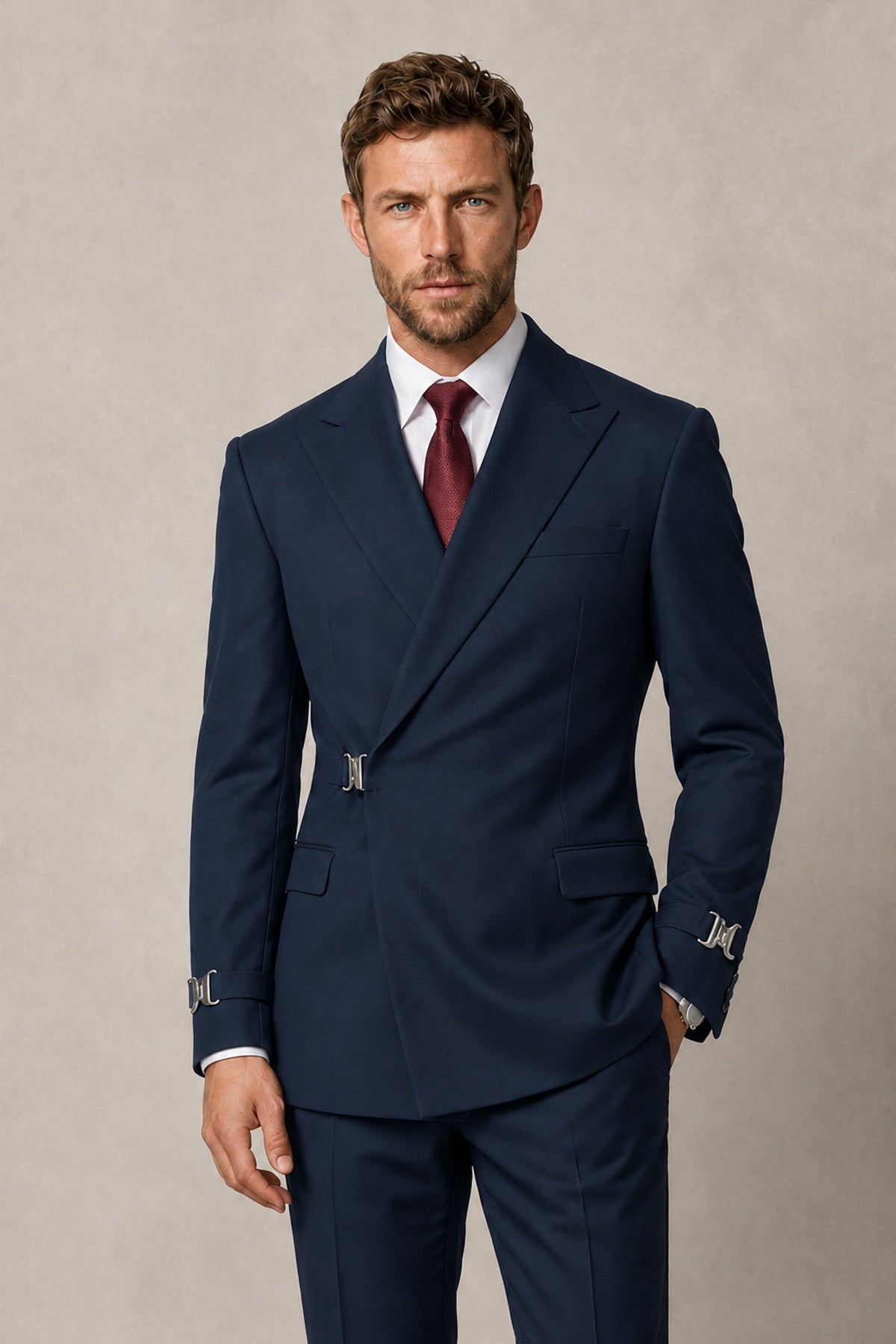 BOLODOO Men's Navy Blue Double-Breasted 2-Piece Suit Set – Blazer & Tailored Trousers - Navy Blue