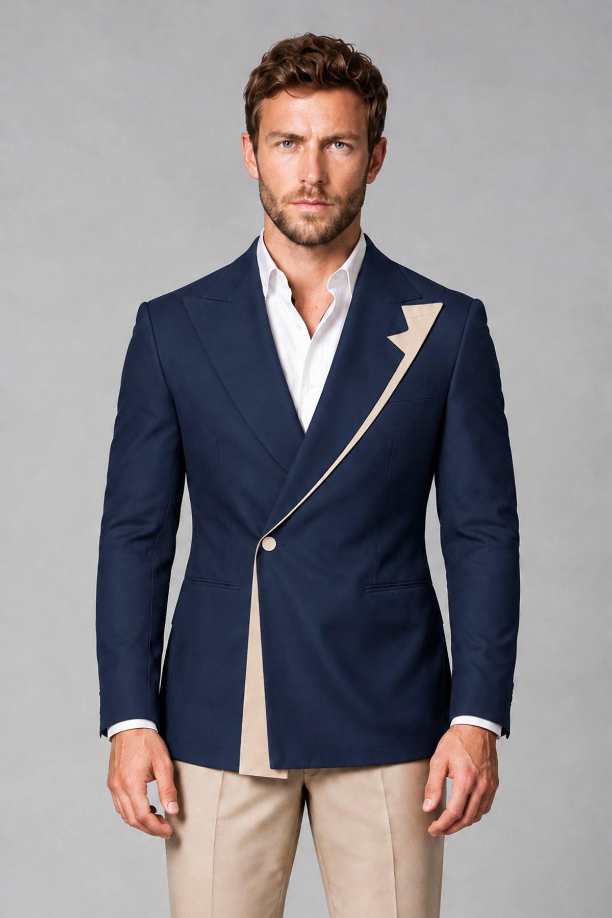 BOLODOO Men's Navy Blue Double-Breasted Blazer & Khaki Trousers Tuxedo 2-Piece Suit Set - Navy Blue - Navy Blue_1