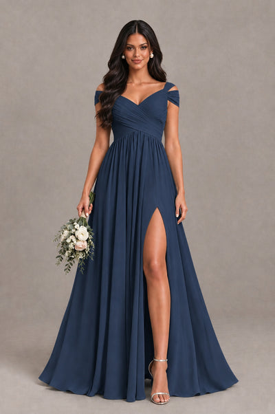 BOLODOO Navy Blue Cold Shoulder Chiffon Evening Dress with V Neck and High Slit - Navy Blue - Navy Blue_1