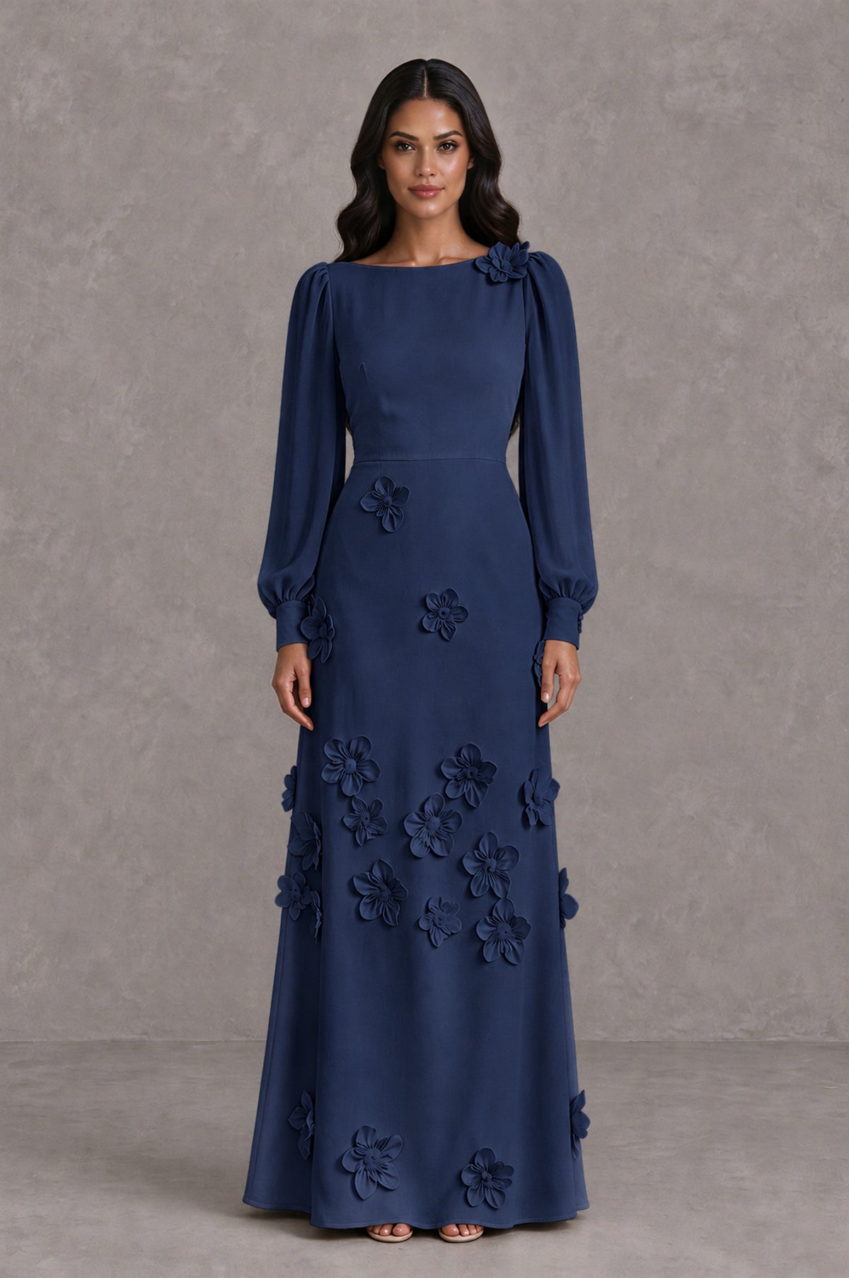 BOLODOO Navy Blue Long Sleeve Floral Applique A-Line Evening Dress - Navy Blue - Navy Blue_1
