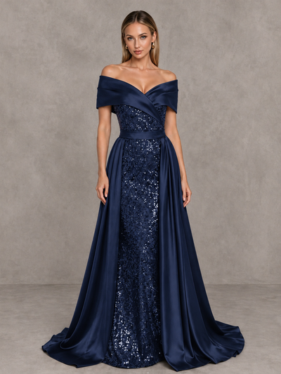 BOLODOO Navy Blue Sequin Mermaid Evening Dress with Detachable Satin Overskirt and Sweep Train - Navy Blue - Navy Blue_1