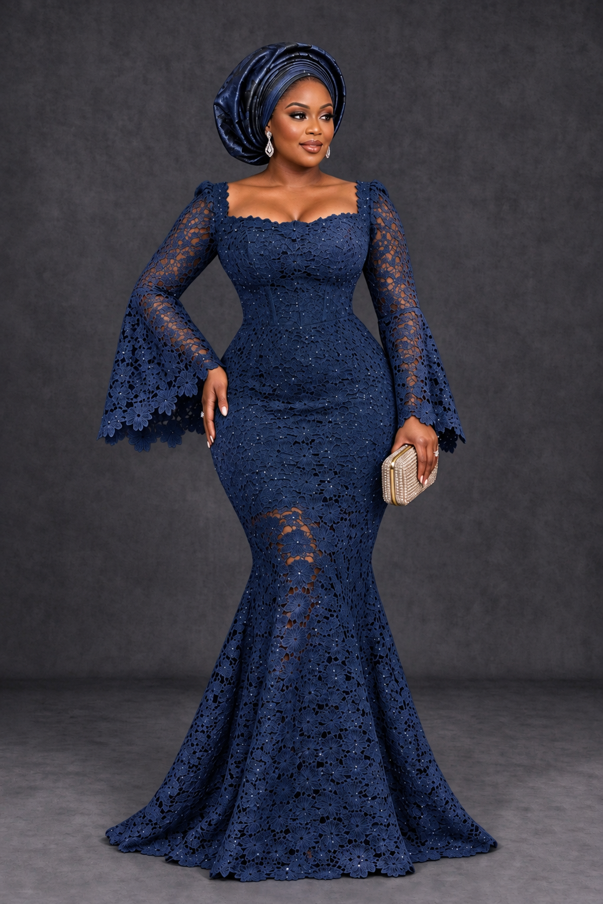 BOLODOO Navy Blue African Lace Mermaid Dress, Plus Size Nigerian Wedding Guest Gown with Bell Sleeves - Navy Blue - Navy Blue_1