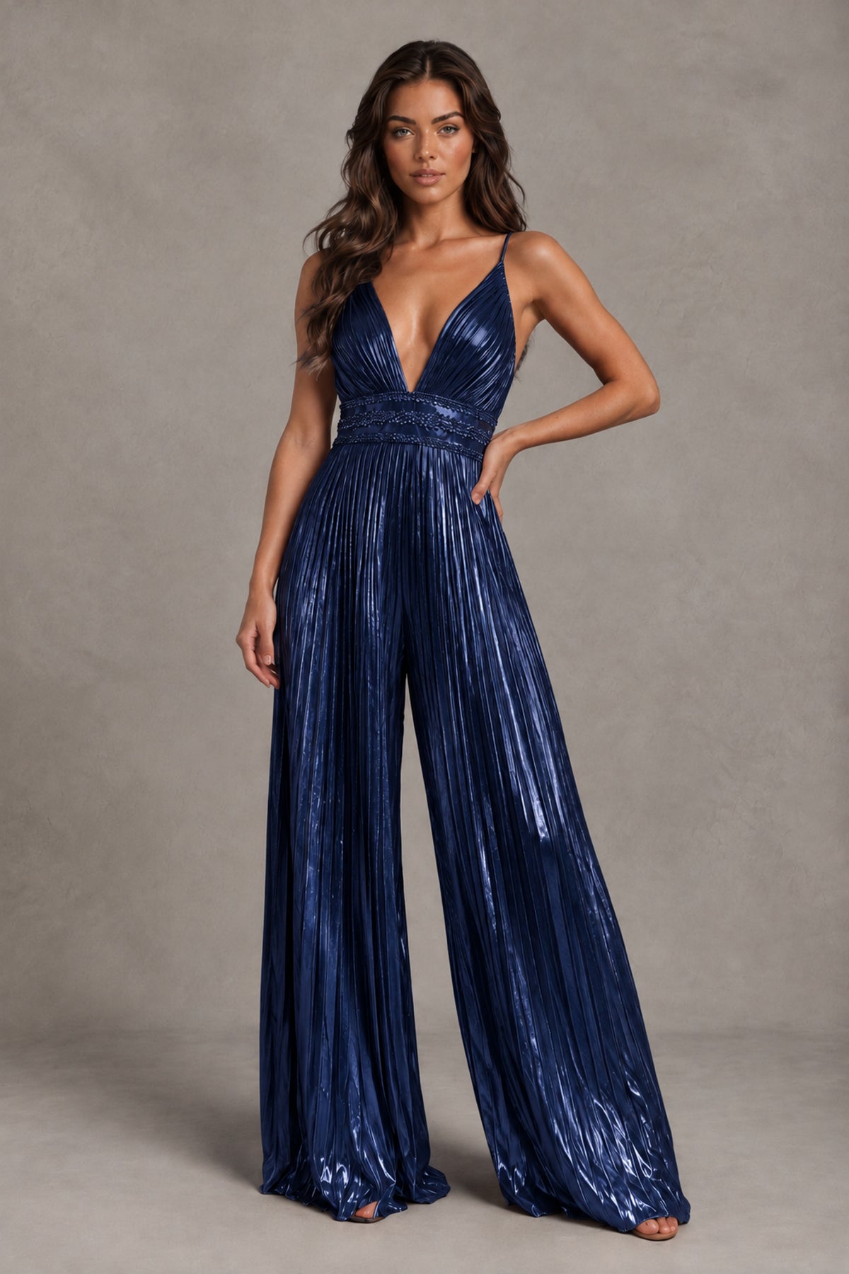 BOLODOO Navy Blue Pleated Wide-Leg Jumpsuit with Open Back - Navy Blue