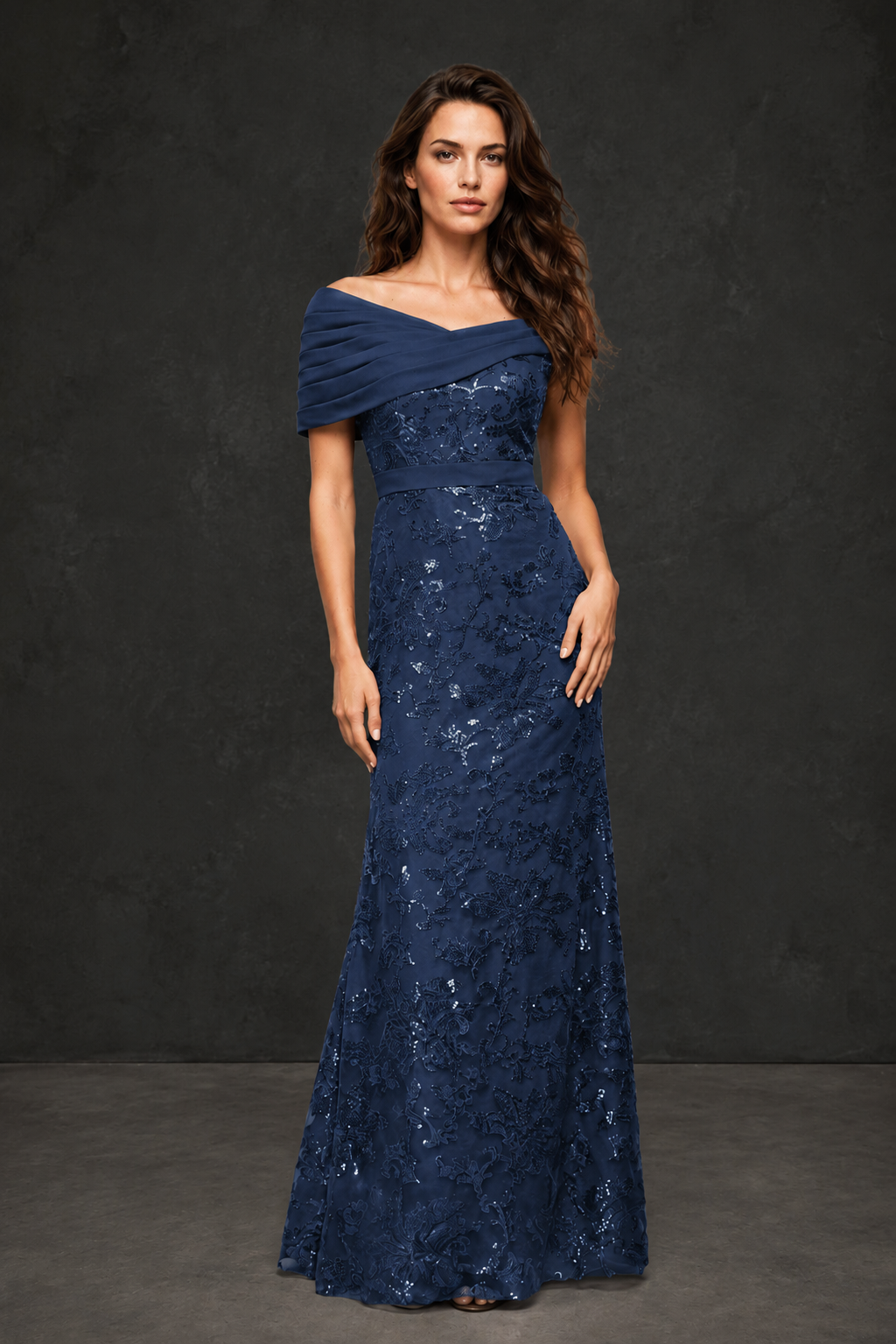 BOLODOO Navy Blue Off-Shoulder Sequin Lace Mermaid Evening Gown | Mother of the Bride Formal Dress - Navy Blue