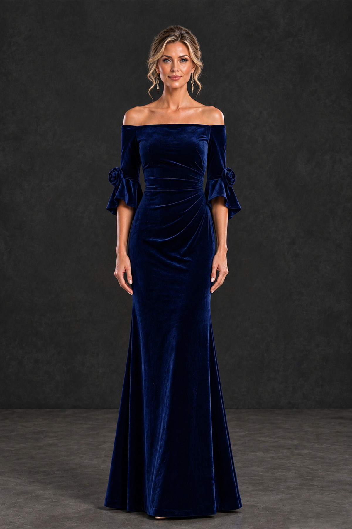 BOLODOO Navy Blue Velvet Off-Shoulder Mother of the Bride Dress – 3/4 Floral Cuff Sleeve Mermaid Evening Gown - Navy Blue - Navy Blue_1