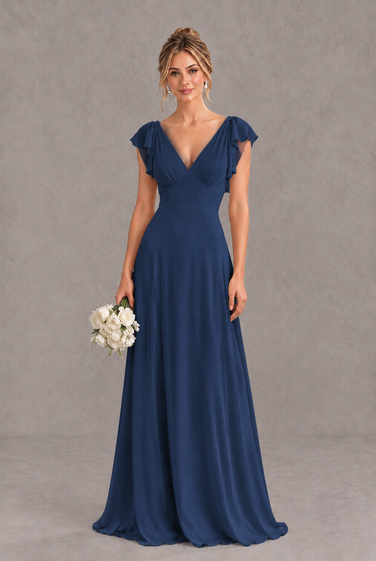 BOLODOO Navy Blue V-Neck Flutter Sleeve A-Line Bridesmaid Dress - Navy Blue - Navy Blue_1
