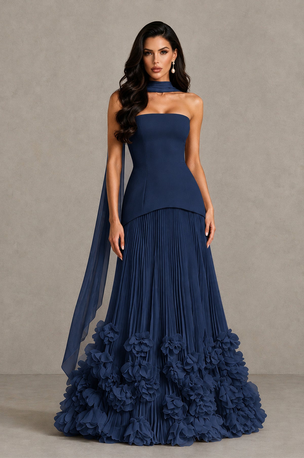 BOLODOO Navy Blue Strapless Pleated Floral Hem Evening Gown - Navy Blue - Navy Blue_1