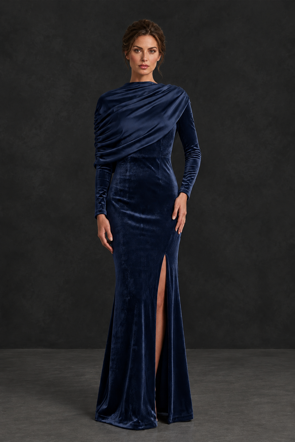 BOLODOO Navy Blue Velvet Long Sleeve Draped Mother of the Bride Dress - Navy Blue - Navy_Blue_1