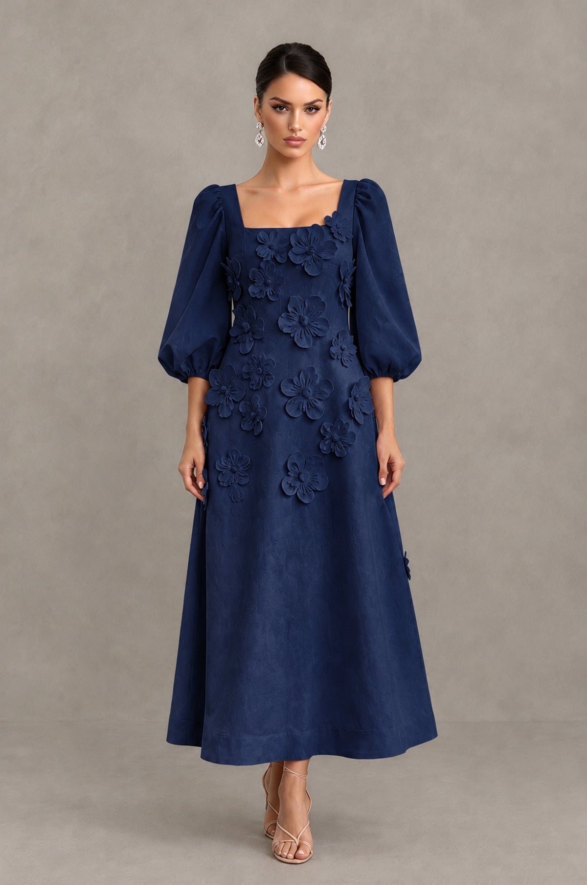 BOLODOO Navy Blue 3D Floral Puff Sleeve Midi Cocktail Dress - Navy Blue - Navy Blue_1