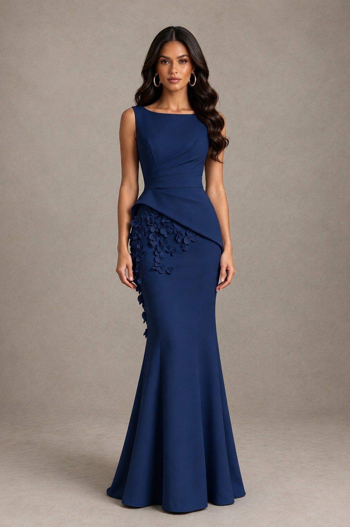 BOLODOO Navy Blue Bateau Neck Sleeveless Asymmetric Peplum 3D Petal Appliqué Mermaid Gown BD0421 - Navy Blue - Navy Blue_1