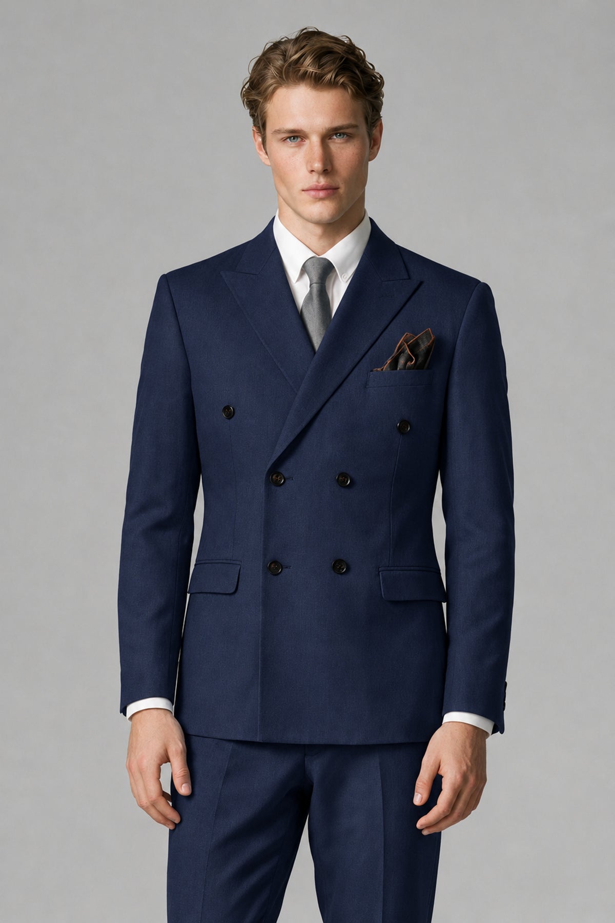 Bolodoo Men's Navy Blue Double-Breasted Two-Piece Suit with Peak Lapels - Navy Blue - Navy Blue_1